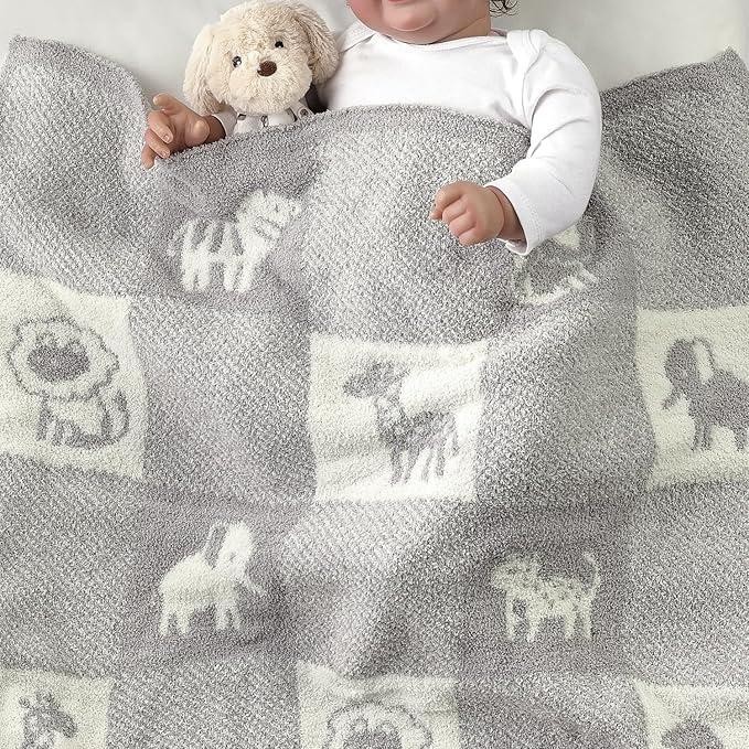 CREVENT 30"X40" Cozy Soft Warm Knitted Baby Blanket for Girls Boys, Newborn Essentials for Infant, Baby Shower Receiving Gift - Animal Grey 75X100cm