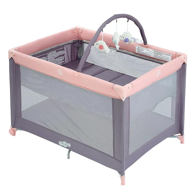 Pamo Babe Portable Playard with Mat Pad and Toy Bar Pink Play Yard for Baby