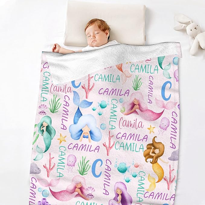 Personalized Mermaid Baby Blanket with Name - Swaddle Blanket for Toddlers, Infants, Kids & Newborns - Nursery Stroller Crib Decor Throw - Birthday Gift