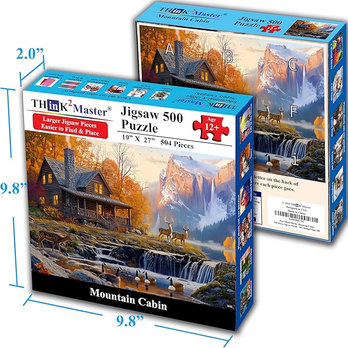 Think2Master Cabin by The Falls 500 Pieces Large Format Jigsaw Puzzle: Kids 12+, Teens, Adults & Families. Scenic Autumn Mountain Landscape with Log Cabin, Waterfall. Great Gift. Size: 26.8” X 18.9”