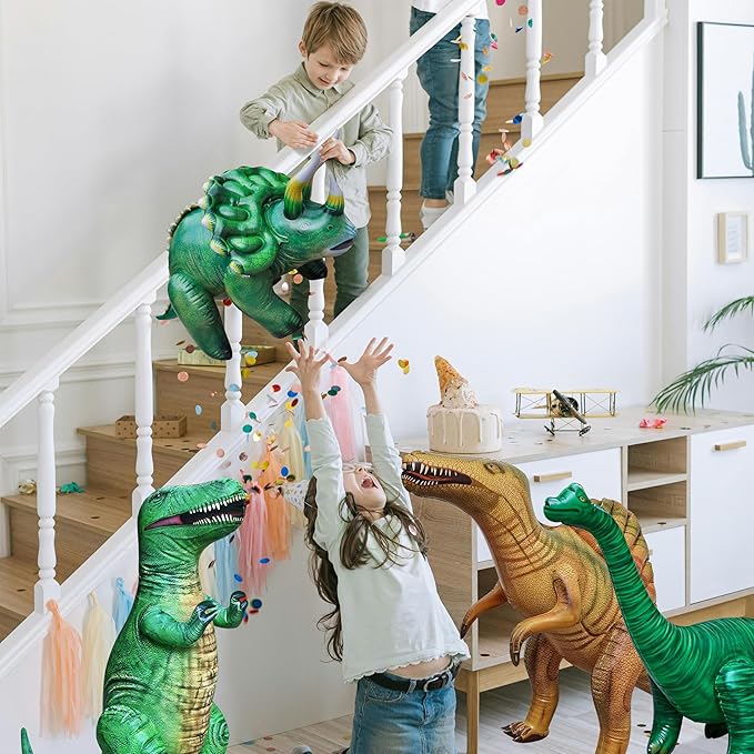 Jet Creations Inflatable Dinosaur 4-Pack – T-Rex (37"), Brachiosaurus (28"), Spinosaurus (31"), Triceratops (20") – Prehistoric Animals for Jurassic Decor, Pool Fun, Party Display, Photo Props