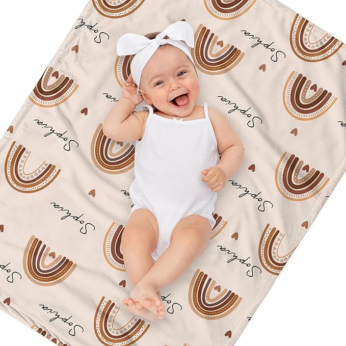 Personalized Baby Blanket with Name, Custom Nursery Blankets with Boho Rainbow, Personalized Gifts for Newborn Infant Baby Girls, Christmas Birthday Shower Gifts for Girl