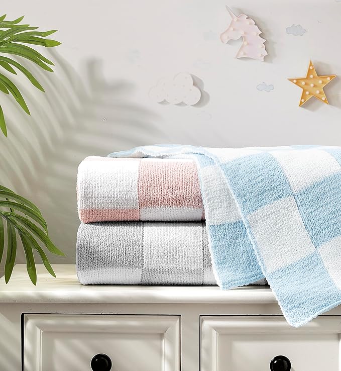 CREVENT 30"X40" Cozy Soft Warm Chenille Baby Blanket for Girls Boys, Newborn Essentials for Infant, Baby Shower Receiving Gift - Checked Blue 75X100cm