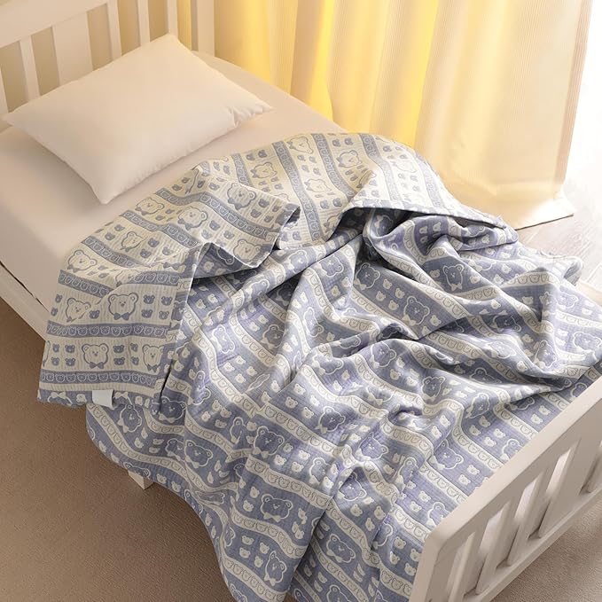 NTBAY 3 Layer Oversized Muslin Cotton Toddler Blanket, Jacquard Reversible Nursery Bed Blanket, Super Soft and Thermal for All Seasons, Baby Gift, 45"x60", Blue Bear
