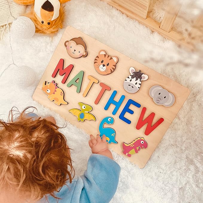 Name Puzzle for Kids Personalized - 1 Year Old Girl Gifts - Personalized Birthday Baby Gifts Toys for 1-3 Year Old Girls Boys Kids - Wooden Puzzle Engraved Text Blessing - Toddler Learning Toys