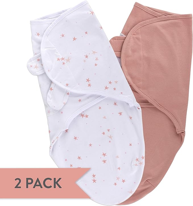 Ely's & Co. Adjustable Swaddles for Newborn, Baby Swaddles 0-3 Months, Swaddle Sack for Baby Girl, 100% Cotton, 2 Pack (Dusty Rose and Mauve Pink Star)