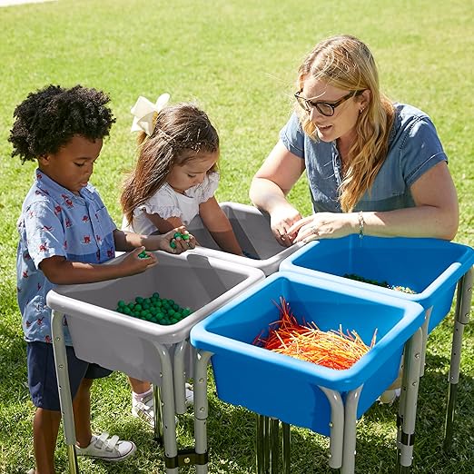 ECR4Kids 4-Station Sand and Water Adjustable Play Table, Sensory Bins, Grey/French Blue