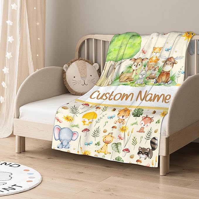Personalized Baby Blanket for Girls Boys Animals Custom Baby Blanket with Name Swaddle Blanket for Toddlers Infants Kids Shower Newborns Nursery Stroller Crib Decor Throw Birthday Gift