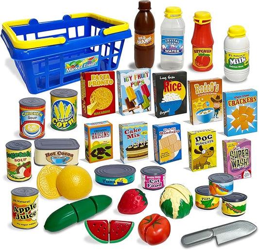 Small World Toys Kids Grocery Basket Play Food Set, Pretend Food Kids Shopping Basket Toddler Playset, 32 Pcs Grocery Food Play Kitchen Accessories, Educational Toddler Toys for Girls & Boys