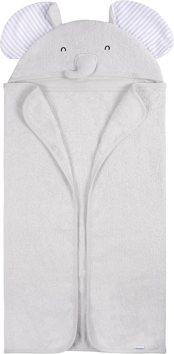 Gerber Baby 4 Piece Animal Character Hooded Towel and Washcloth Set, Grey Elephant, One Size