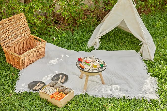 PlanToys® Wooden Barbeque Pretend Cooking Toy for Kids | Kitchen Toy Includes Grill, Food Pieces, Tongs & Charcoal Stove | Montessori Food Role Play Set for Fine Motor Skills & Imaginative Learning