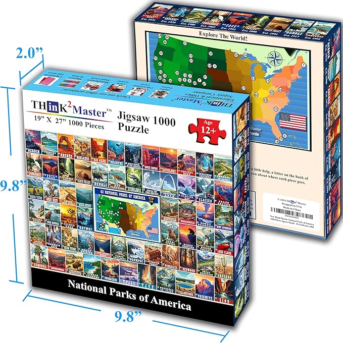 Think2Master Colorful Vintage USA National Parks 1000 Pieces Large Format Jigsaw Puzzle for Kids 12+, Teens, Adults & Families. Great Gift for People Interested in Traveling. Size: 26.8” X 18.9”