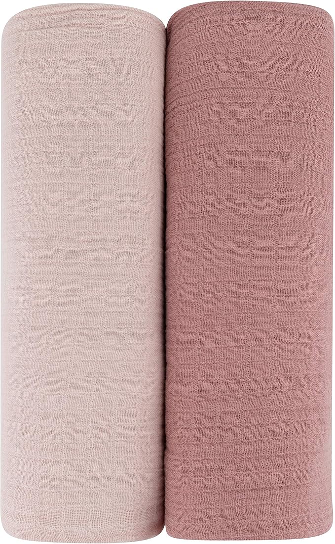 Ely’s & Co. Cotton Muslin Swaddle Blanket 2-Pack for Baby Girl — 100% Cotton Muslin Extra-Large Swaddle Blankets (47” x 47”) Cranberry & Rosewater Pink