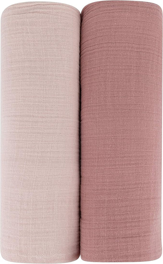 Ely’s & Co. Cotton Muslin Swaddle Blanket 2-Pack for Baby Girl — 100% Cotton Muslin Extra-Large Swaddle Blankets (47” x 47”) Cranberry & Rosewater Pink