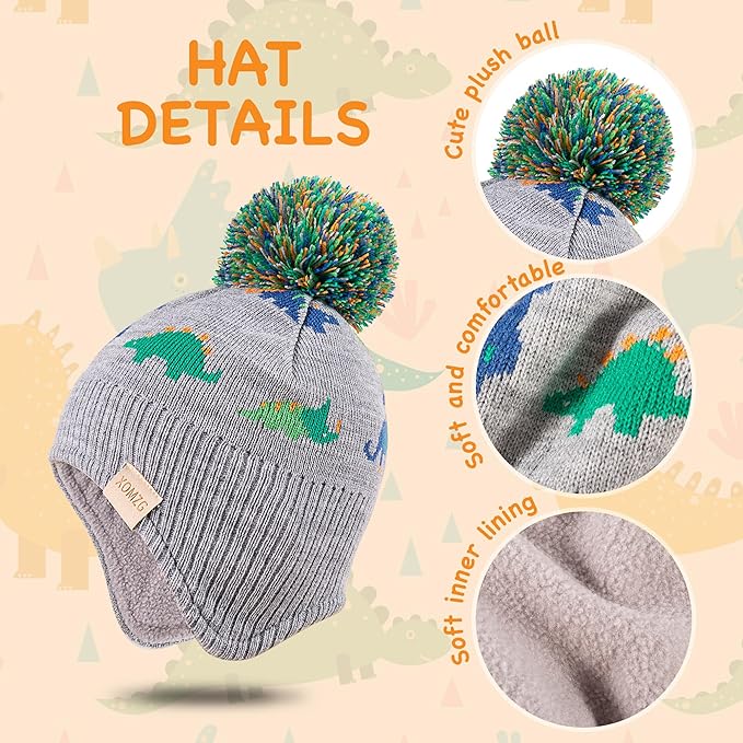 Beanie Knit Hats for Toddlers with Earflap Fleece Lined Hat Kids Warm Winter Hat Scarf Set Children's Thick Ski Cap