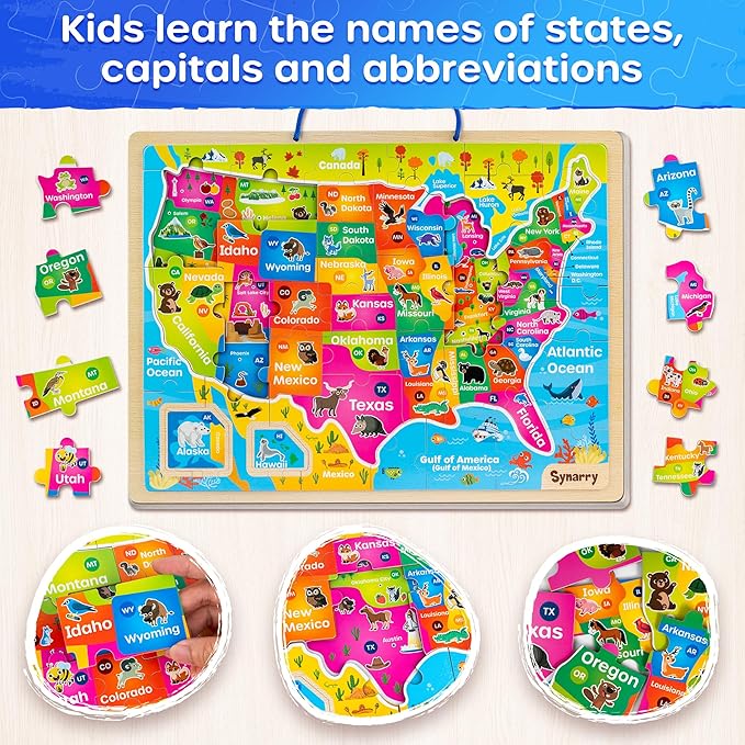 SYNARRY Large USA World Solar System Wooden Magnetic Puzzles for Kids Ages 4-6, Wood Puzzles Educational Games Toys Gifts for Toddlers, United States World Planet Space Map for Boys Girls Ages 3-5 4-8