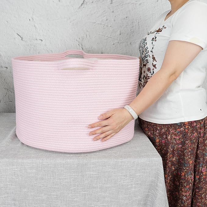 Large Cotton Rope Basket Blankets Basket Living Room 22"x14" Toy Baskets for Kids and Dogs Rope Storage Baskets for Nursery Woven Laundry Baskets for Clothes Towels Baby Toy Storage Round pink