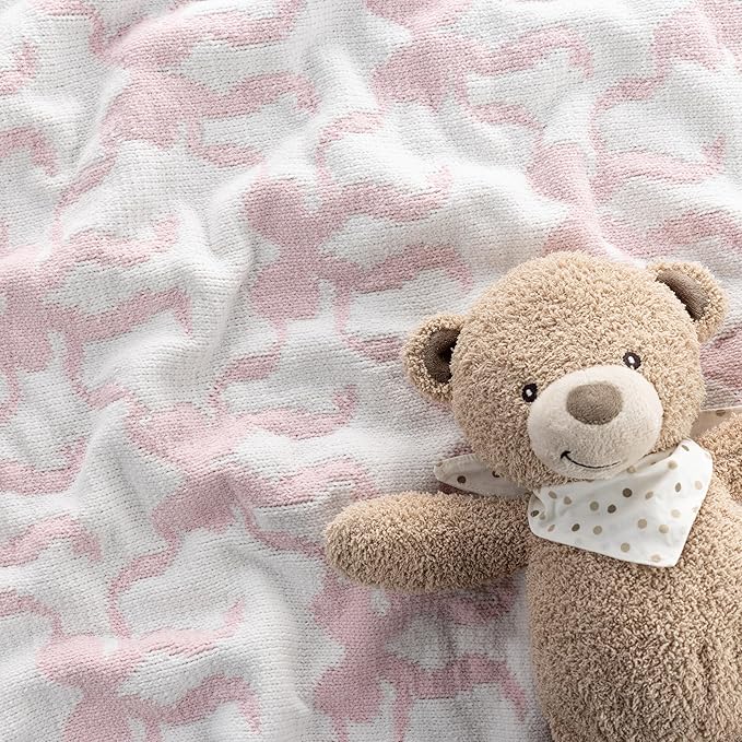 Berkshire Baby Blanket,Ultra-Plush Reversible Chenille Knit Toddler Blanket,Cute Pattern Nursery Crib Blanket,Ideal Baby Gift(30x40 Inches,Ribbon Bow White Pink)