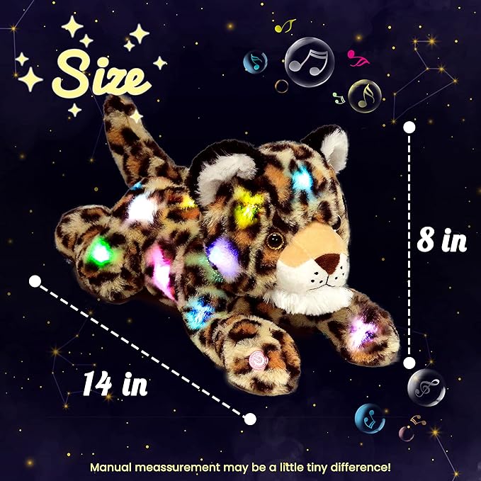 Hopearl LED Musical Stuffed Cheetah Lighting Up Singing Plush Leopard Toy Adjustable Volume Lullaby Animated Soothe Birthday Festival for Kids Toddlers Boys, 14''