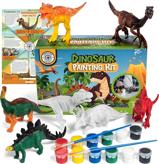 COASTLINE CRAFT STEM.org Dinosaur Painting Kit for Kids with Dino Trivia-Dinosaur Crafts for Kids Ages 3-5 + w/ 2 T-Rex Set - Screen Free, Educational Gifts for Boys