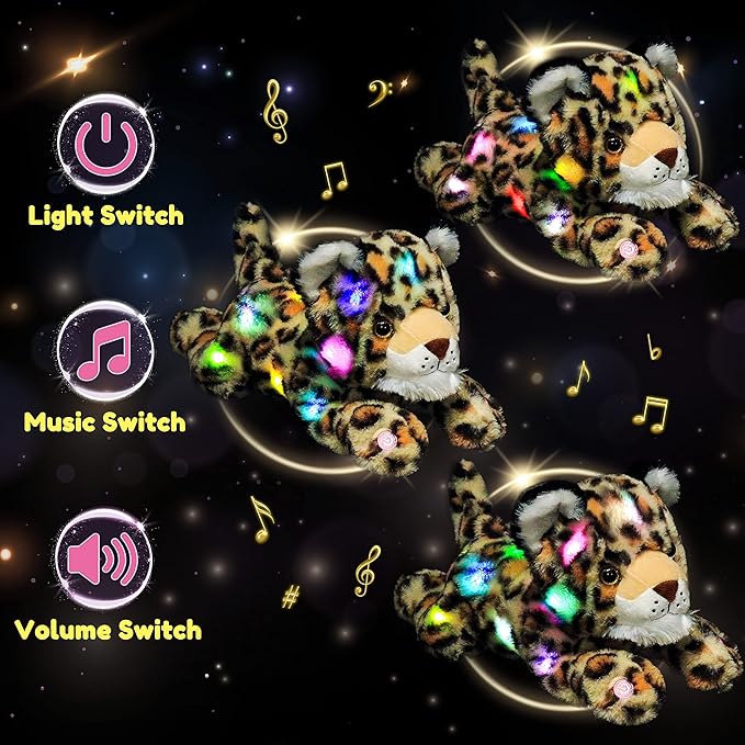 Hopearl LED Musical Stuffed Cheetah Light up Singing Plush Leopard Toy Adjustable Volume Lullaby Animated Soothe Birthday Festival for Kids Toddlers Boys, 14''