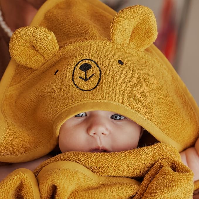 Organic Cotton Baby Hooded Towel 32' x 32' Super-Soft & Absorbent Baby Towel for Newborn (Bear - Autumn Yellow)