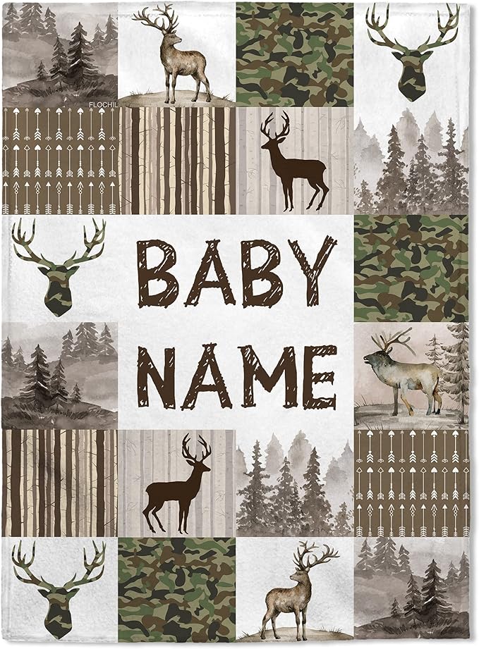 FLOCHIL Personalized Baby Blankets, Custom Baby Blanket - Baby Blanket with Name for Boys, Best Gift for Newborn Elephants Flush Fleece (30x40) (Deer)
