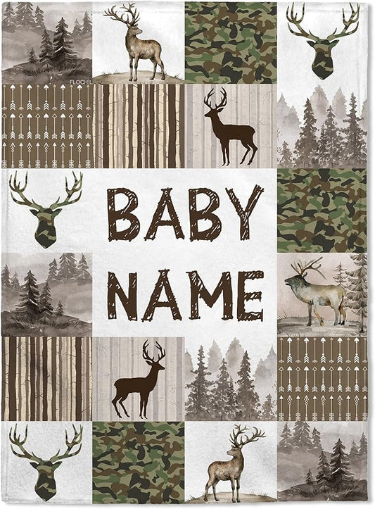 FLOCHIL Personalized Baby Blankets, Custom Baby Blanket - Baby Blanket with Name for Boys, Best Gift for Newborn Elephants Flush Fleece (30x40) (Deer)