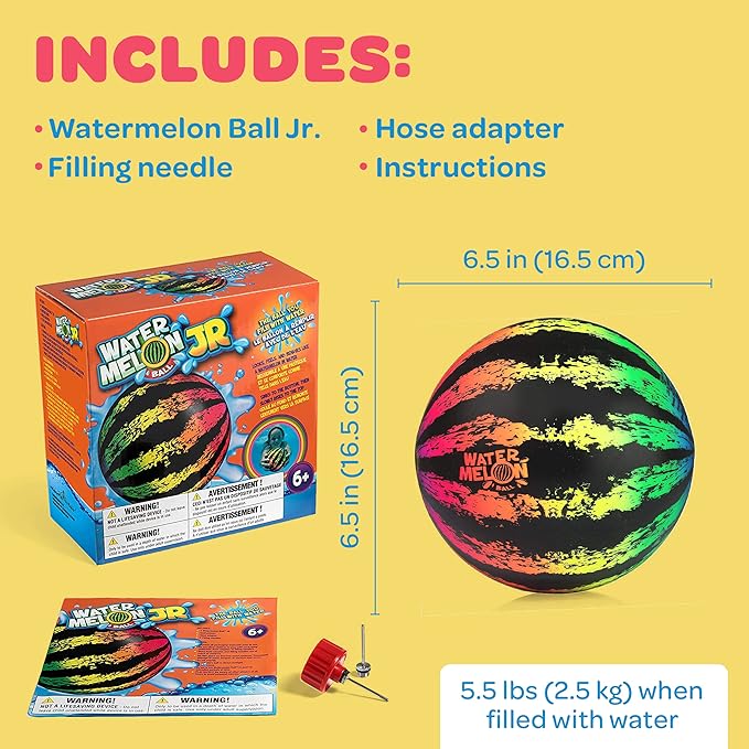 Watermelon Ball JR Durable Fillable Pool Toy for Underwater Games - Football, Basketball & Rugby - Perfect for Water Parties - Fun for Adults & Kids Alike - Ages 6+, 6.5" Multicolor
