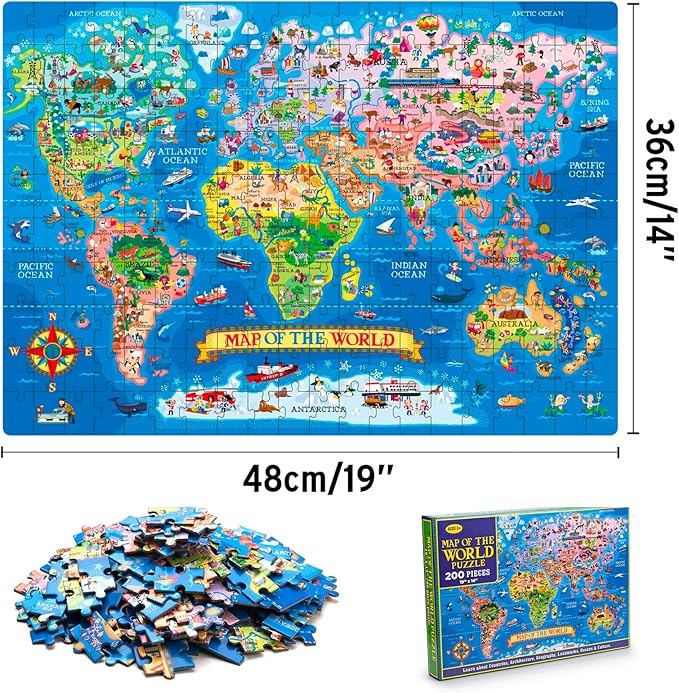 200 Pieces World Map Puzzle for Kids & Adults, World Map Jigsaw Puzzle Floor Puzzles Toddler Geography Educational Toys for Boys and Girls, Globe Atlas Puzzle Maps for Kids Learning Games