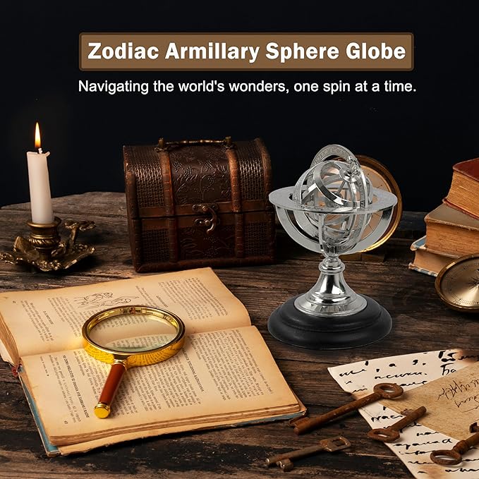 Antique Vintage Zodiac Armillary Brass Sphere Globe Wooden Display | Pirate's Antique Ship Decor | Nagina International (Small, Nickel Plated)