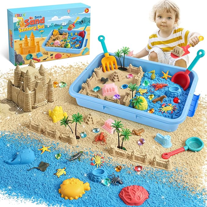 FRUSE Ocean Sensory Bin,Play Sand Art Kit with 2.2lbs Play Sand,12 Sea Animal Toys,Sand Molds,Role Play Beach Toy Sandbox Toys for Toddlers 3 4 5 6 7