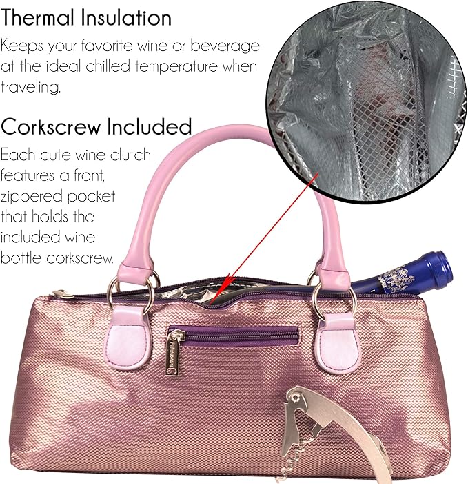 Wine Clutch Bag (Thermal Insulated) Trendy Women’s Carry Tote | Holds Red & White 750mL Bottles | Trendy Fashion | Incl. Portable Waiter-Style Corkscrew