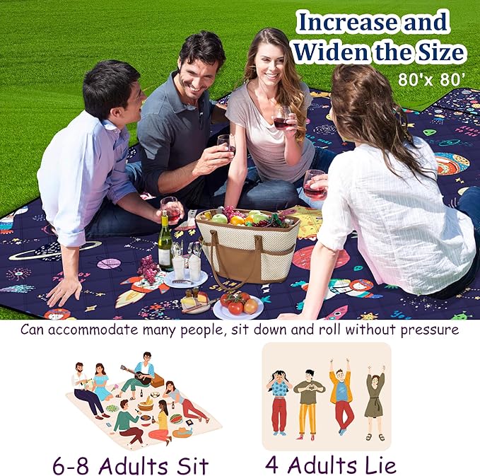 Extra Large Picnic Blanket Waterproof,80"x 80"Foldable Machine Washable Beach Blanket,Outdoor Blanket for 6-8 Adults,Suitable for Indoor Crawling,Park Beach,Camping,Hiking,Family Travel(Starry sky)