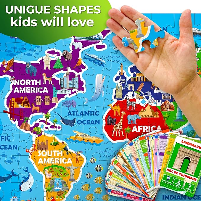 QUOKKA Puzzles for Kids Ages 4-6 - 150 Pcs Floor Puzzles World Map for Kids Ages 4-8 Preschool Activities - Includes 50 Cards with 400+ World Facts - Continent-Shaped Jigsaw Puzzle Gift for Girls Boys