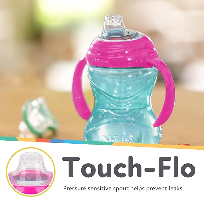 Nuby Clik-It Grip N' Sip Soft Spout No-Spill Training Sippy Cup with Handles -10 oz - 4+ Months - Aqua/Purple/Pink (Pack of 36)