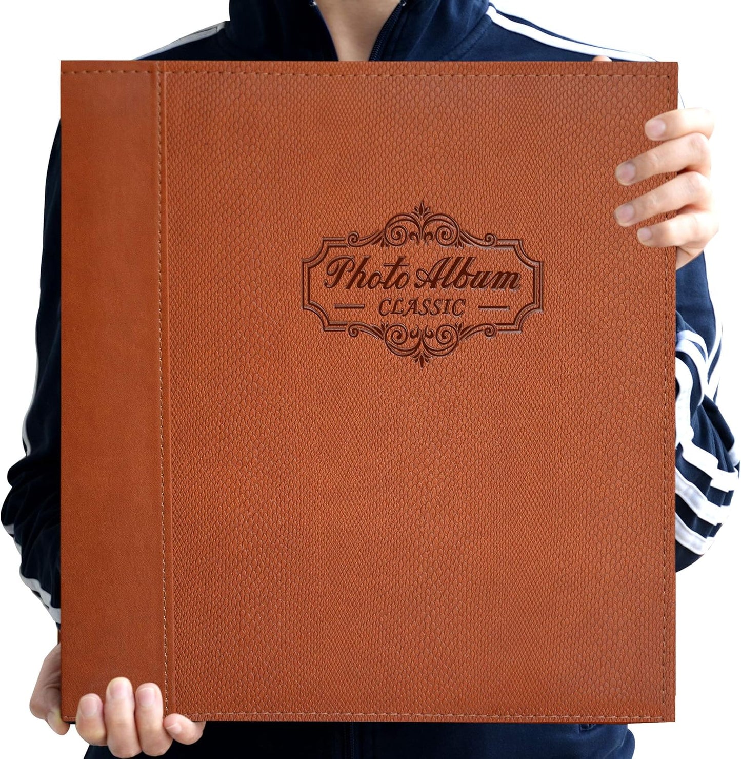 Photo Album Holds 3X5, 4X6, 5X7, 6X8, 8X10 Photos, Leather Cover, Magnetic Self-Stick Page, Hand Made DIY Albums (Brown, Large)