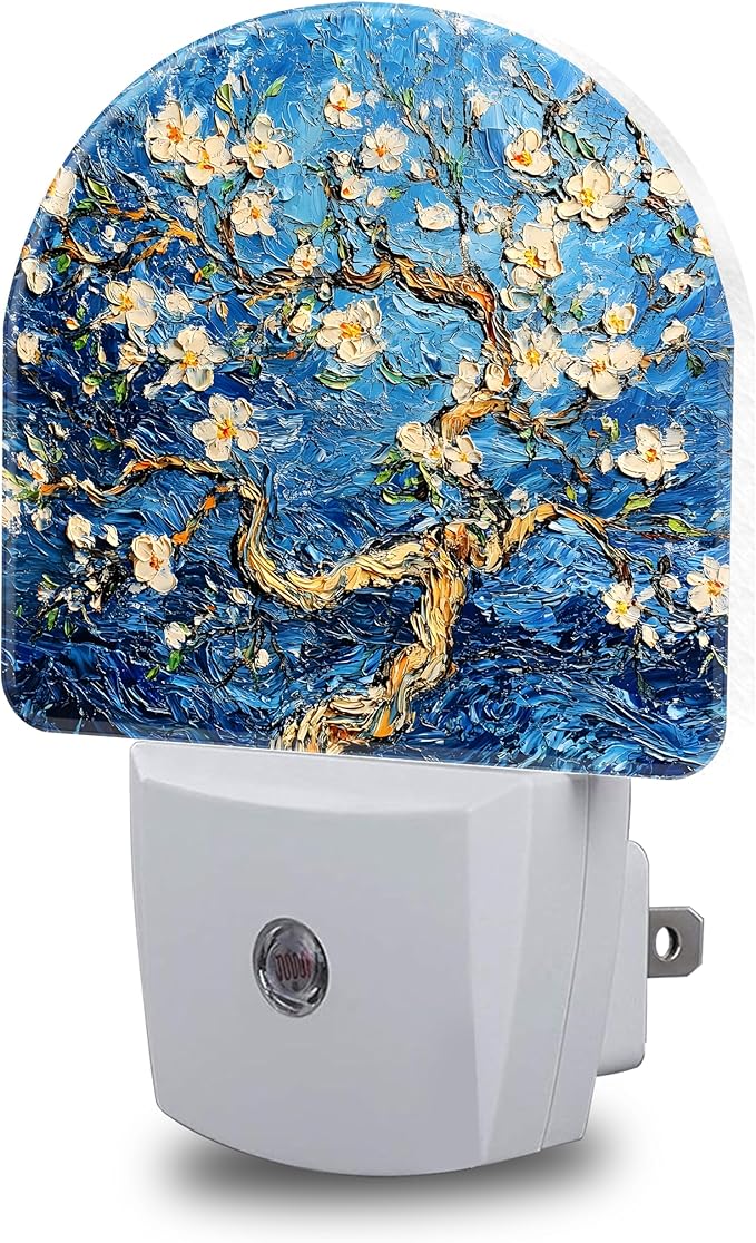 Night Lights Plug into Wall Almond Tree in Blossom Night Light Dusk to Dawn Smart Sensor Decorative Round Led Lamp for Bedroom Kitchen Hallway Nightlight for Women Men