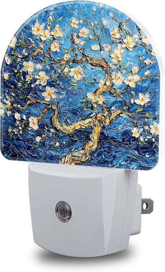 Night Lights Plug into Wall Almond Tree in Blossom Night Light Dusk to Dawn Smart Sensor Decorative Round Led Lamp for Bedroom Kitchen Hallway Nightlight for Women Men