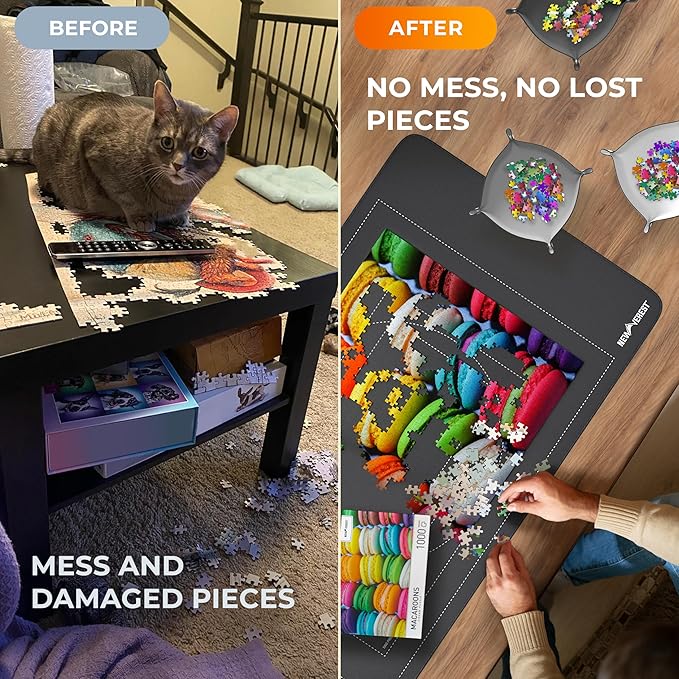 The Original Newverest Jigsaw Puzzle Mat Roll Up, Saver Pad 46” x 26” Portable Keeper Up to 1500 Pieces with Non-Slip Rubber Bottom & Smooth Top + 3 Puzzle Sorting Trays & Travel-Friendly Storage Bag