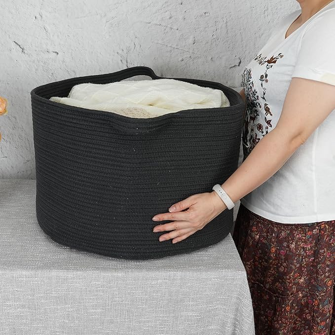 Large Cotton Rope Basket Blankets Basket Living Room 22"x14" Toy Baskets for Kids and Dogs Rope Storage Baskets for Nursery Woven Laundry Baskets for Clothes Towels round black