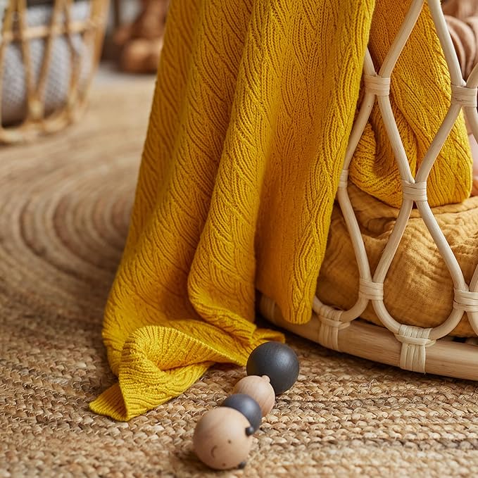 Knitted Organic Cotton Baby Blanket- Swaddle Blanket, 30" x 40" Soft Receiving Blanket for Newborn (Waves-Yellow)