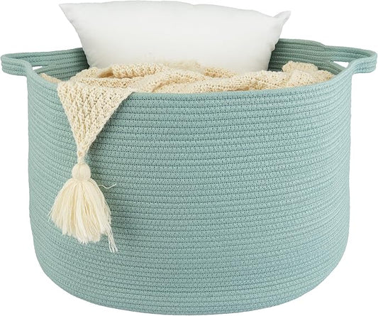 Large Cotton Rope Basket – 22"x14" Woven Storage Basket for Blankets, Toys, Laundry, and Nursery – Round Baskets for Living Room, Kids, and Pets Light Green