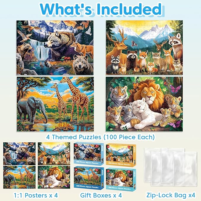 Kids Puzzles Ages 5-8 - Wild Animals Puzzles 100 Piece Jigsaw Puzzles for Kids Ages 4-6 Toddler Puzzle, World of Animals Collection Puzzles Gift Educational Toys for Boys and Girls 4-Pack