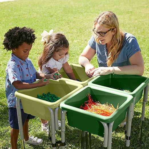 ECR4Kids 4-Station Sand and Water Adjustable Play Table, Sensory Bins, Fern Green/Hunter Green