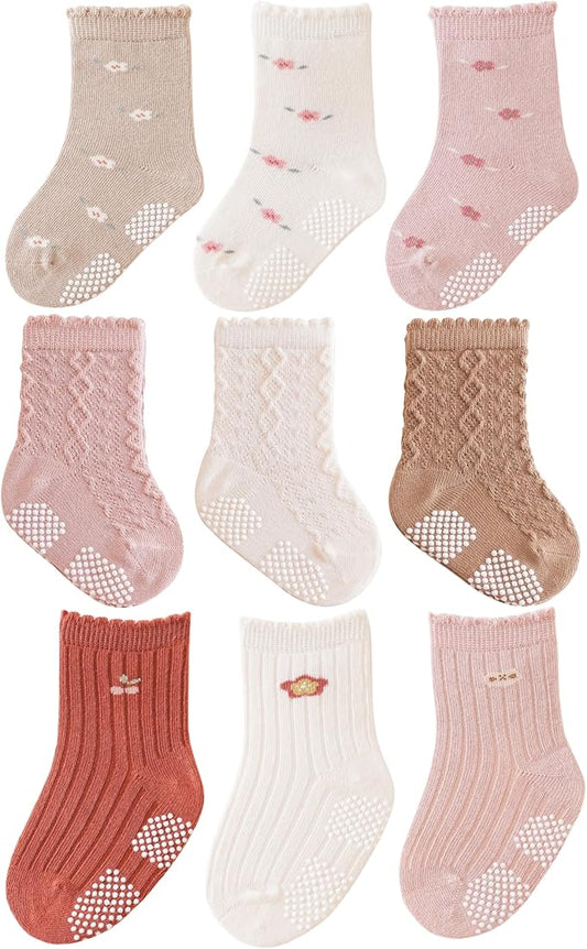 Baby Crew Socks,Grips Combed Cotton Socks Toddler Non-Skid for Girls,Boys Non Slip/Anti Skid 9-Pack