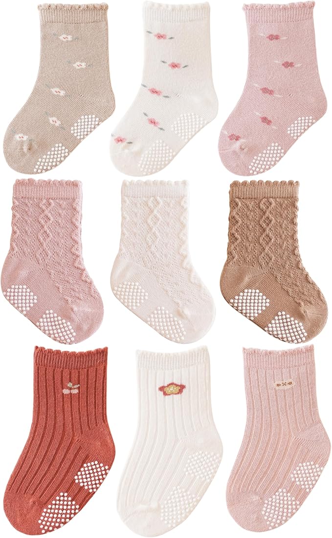 Baby Crew Socks,Grips Combed Cotton Socks Toddler Non-Skid for Girls,Boys Non Slip/Anti Skid 9-Pack