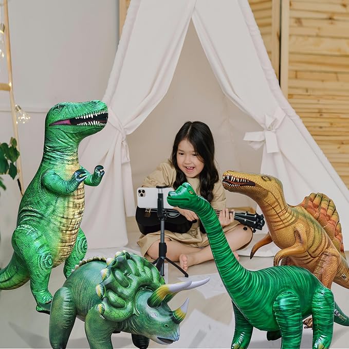Jet Creations Inflatable Dinosaur 4-Pack – T-Rex (37"), Brachiosaurus (28"), Spinosaurus (31"), Triceratops (20") – Prehistoric Animals for Jurassic Decor, Pool Fun, Party Display, Photo Props