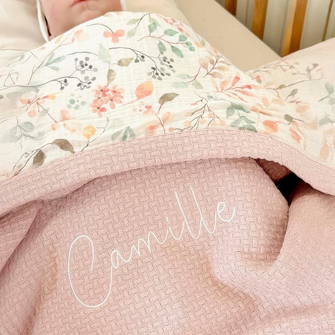 Personalized Baby Blanket with Name – Handmade 100% Organic Cotton Newborn Gift | Custom Knit Blanket for Boys, Girls, Kids & Baby Showers (Petal Pink/Petal Whispers)