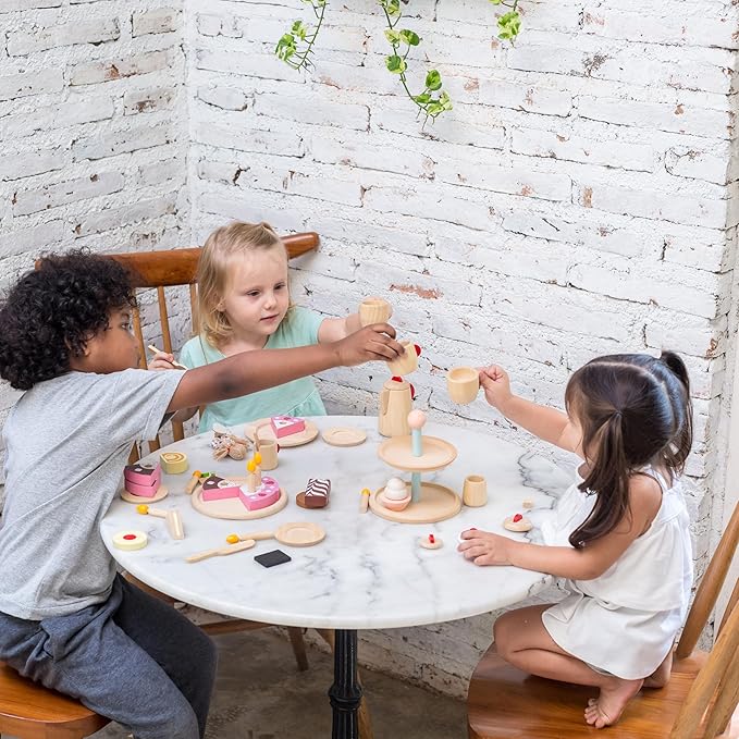 PlanToys® Wooden Tea Set for Kids | Montessori Pretend Play Kitchen Toy | Eco-Friendly Role Play Tea Party Set with Teapot, Cups, Saucers, Sugar Bowl, Milk Pitcher, Tea Bags & Spoons